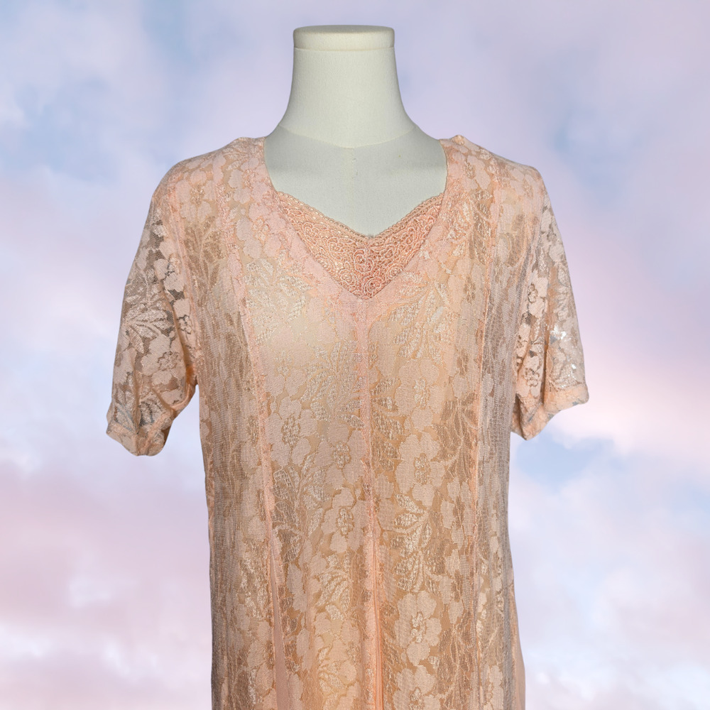90s Vtg Olivia Long Maxi Peach Pink Lace Layered Whimsy Fairy Cottage Dress Sz M - Picture 2 of 6